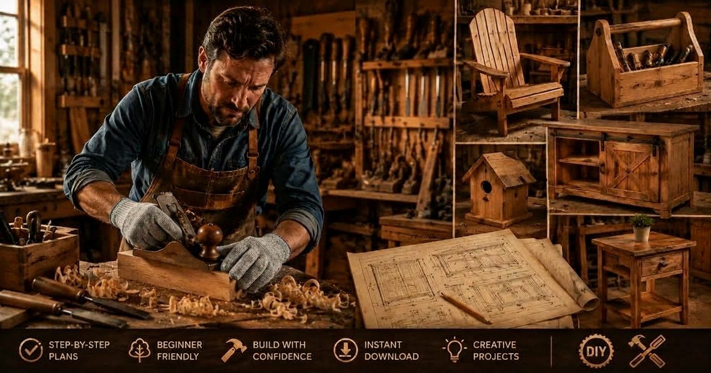 Woodworking workshop with finished projects and plans