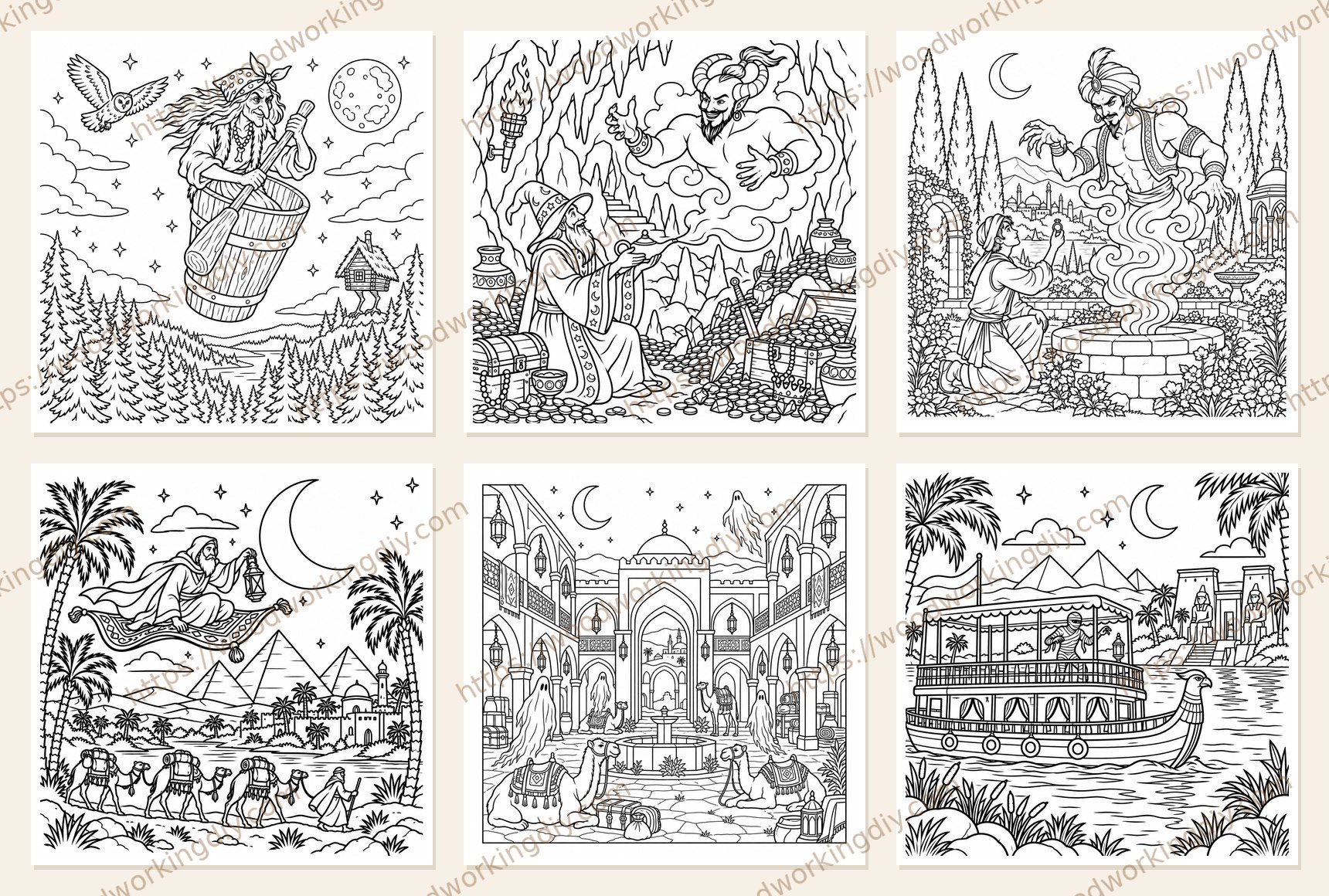 Six folklore and fairy tale wood burning patterns from the collection, including Baba Yaga in her mortar, a sorcerer with a lamp and a genie, a genie rising from a well, a flying carpet past the pyramids, a haunted caravanserai and a Nile riverboat