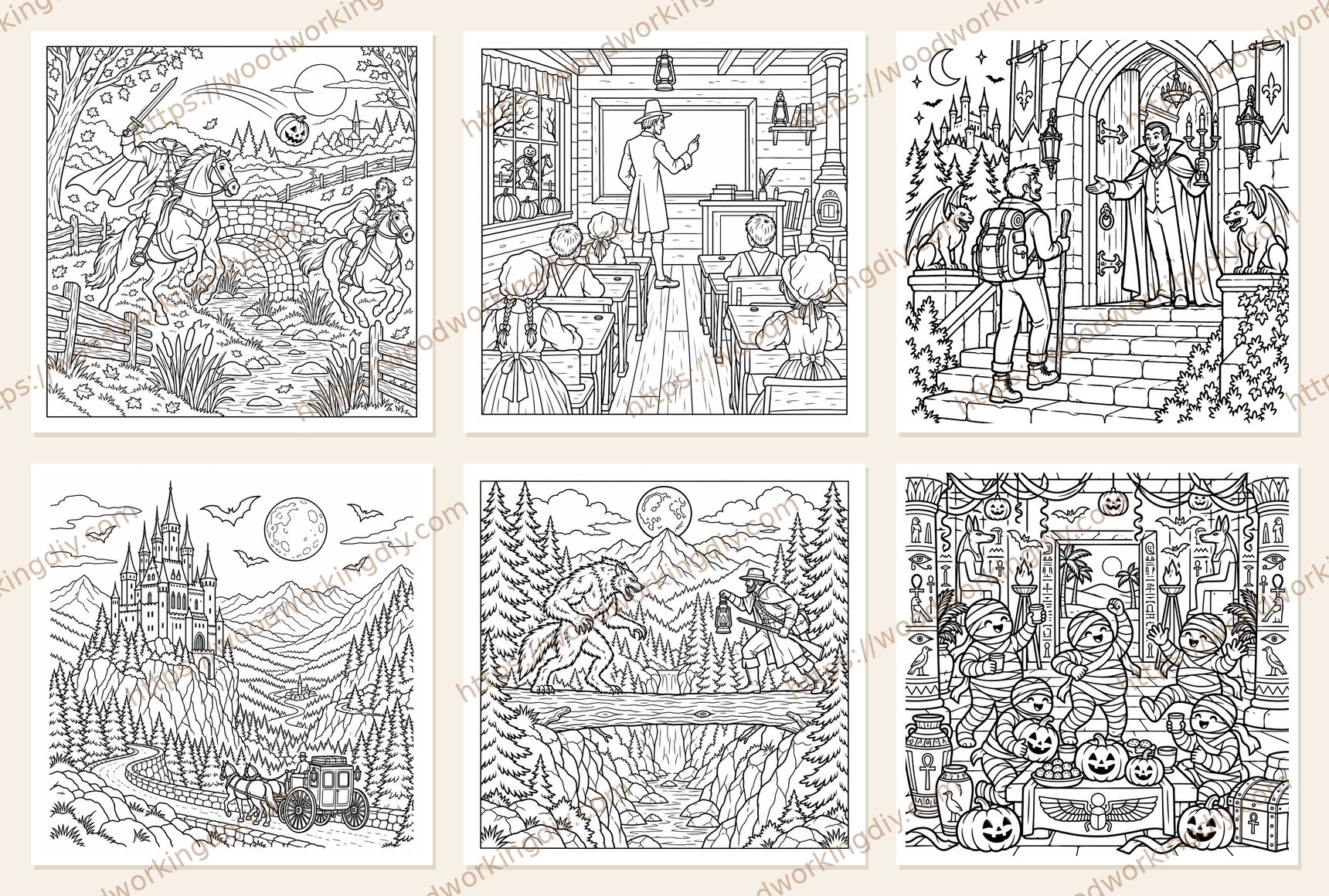 Six Halloween wood burning patterns from the collection, including a headless horseman chase, a haunted schoolhouse, a vampire greeting a hiker, a castle above a mountain pass, a werewolf standoff and a mummy party