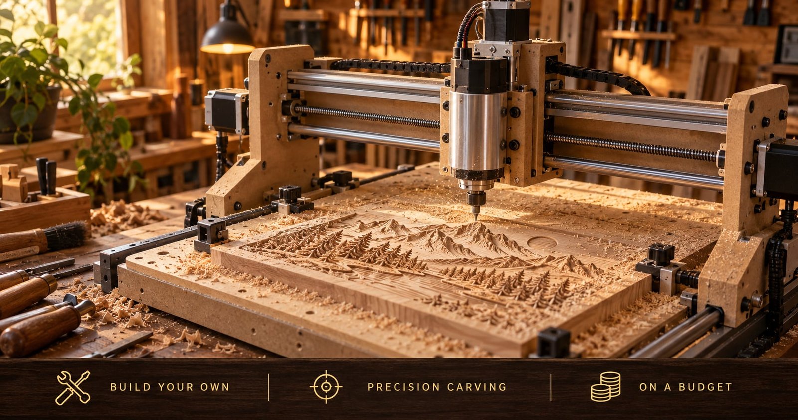 A homemade desktop CNC router carving a detailed mountain scene into wood in a home workshop