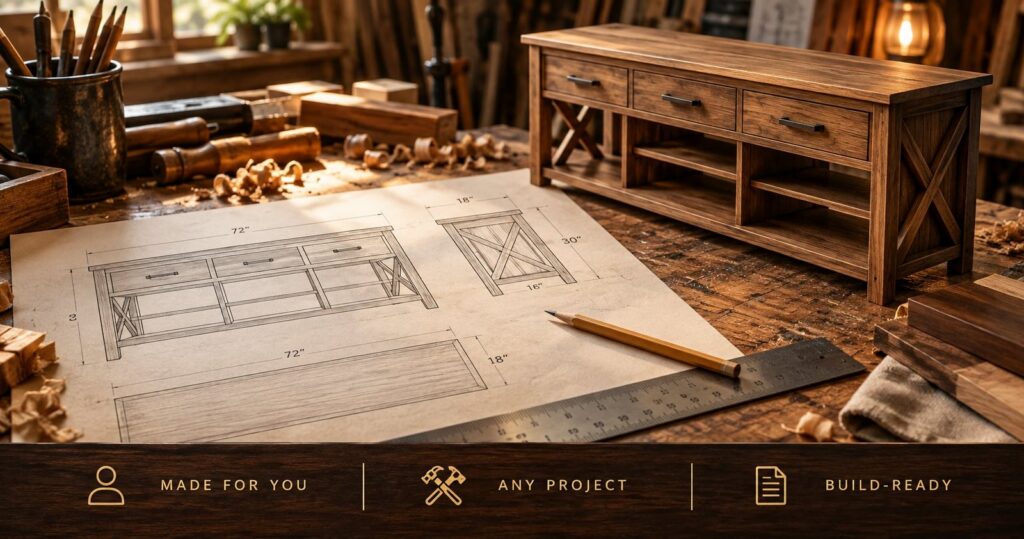 A custom woodworking technical drawing of a console table with measurements and a finished piece on a workbench