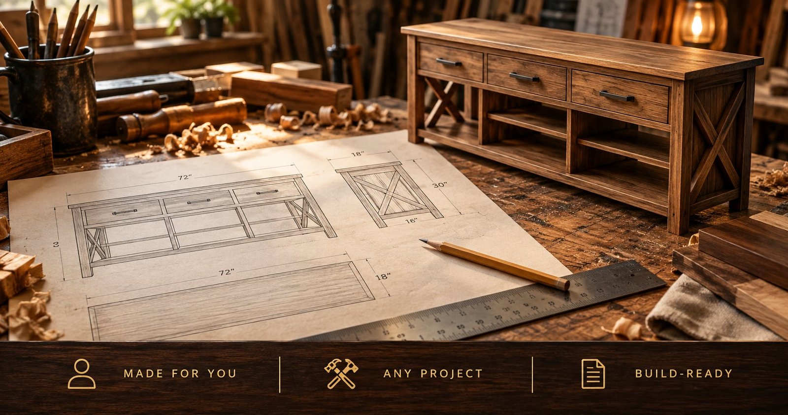 A custom woodworking technical drawing of a console table with measurements and a finished piece on a workbench