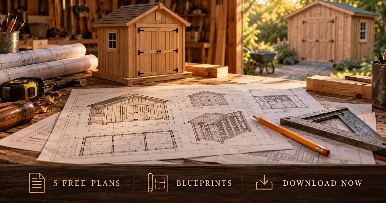 Detailed shed blueprints and a small shed model on a workbench with a built shed visible in the background