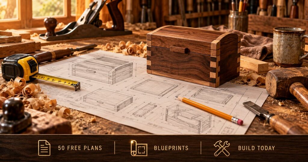 A finished wooden box beside printed woodworking plans and blueprints on a workbench with hand tools