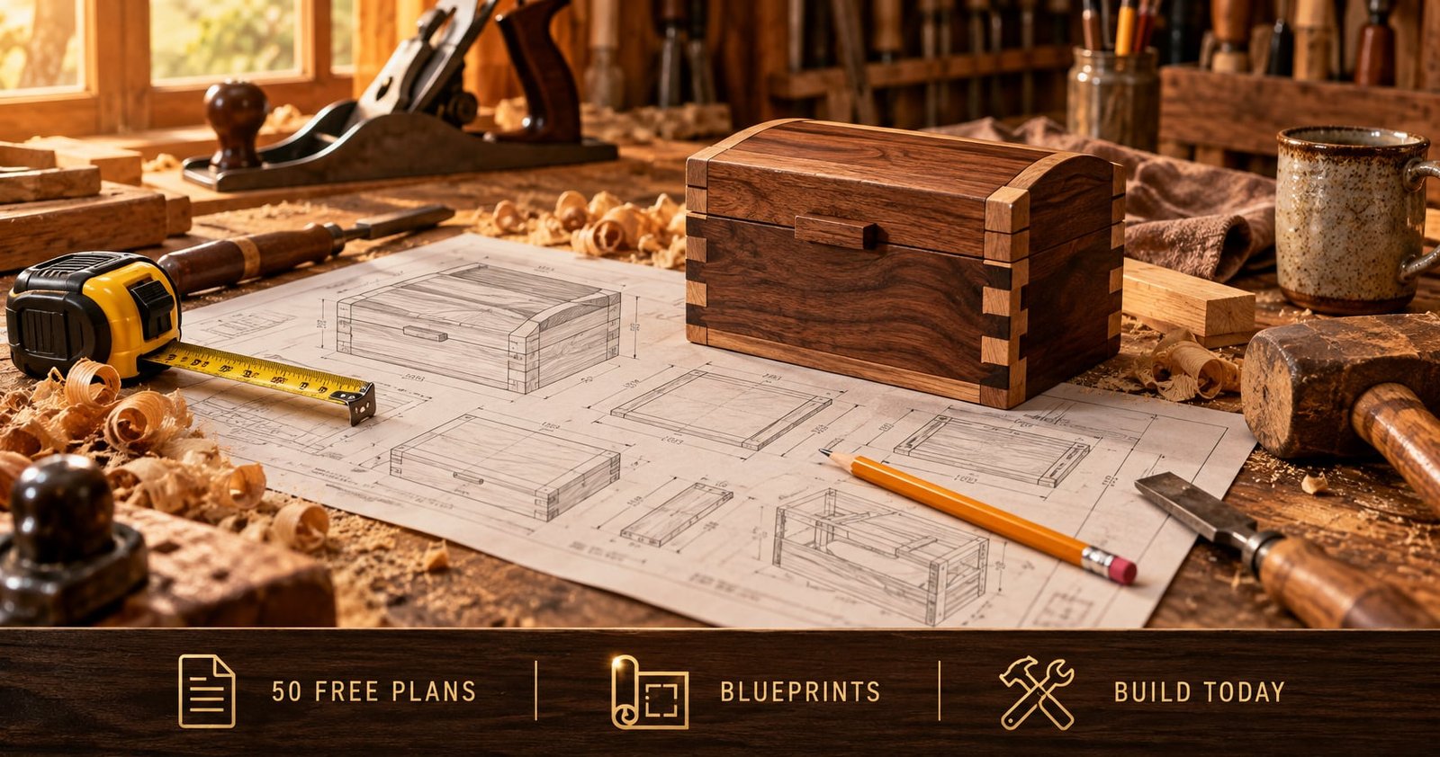 A finished wooden box beside printed woodworking plans and blueprints on a workbench with hand tools