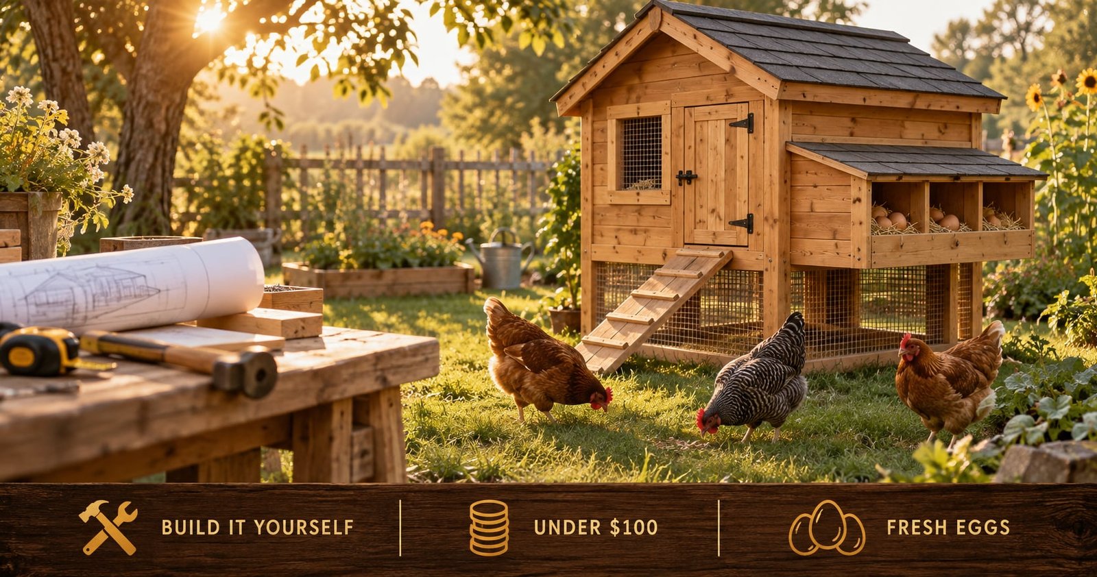 A handmade wooden backyard chicken coop with nesting boxes and a ramp, with a few hens pecking on the lawn