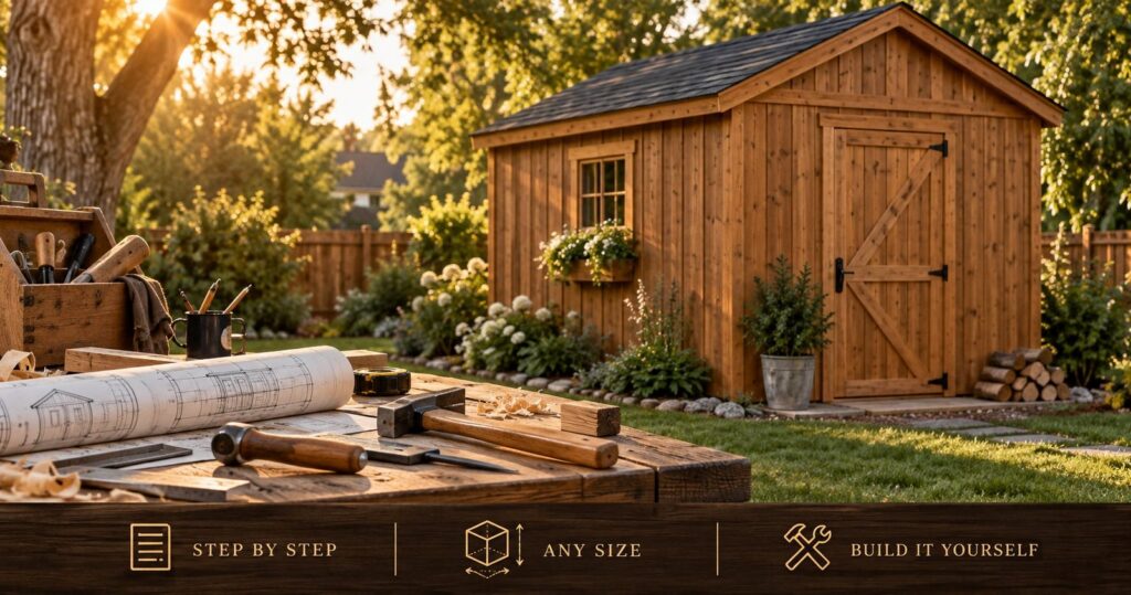 A finished wooden backyard shed with a gable roof, with woodworking tools and plans on a bench in the foreground