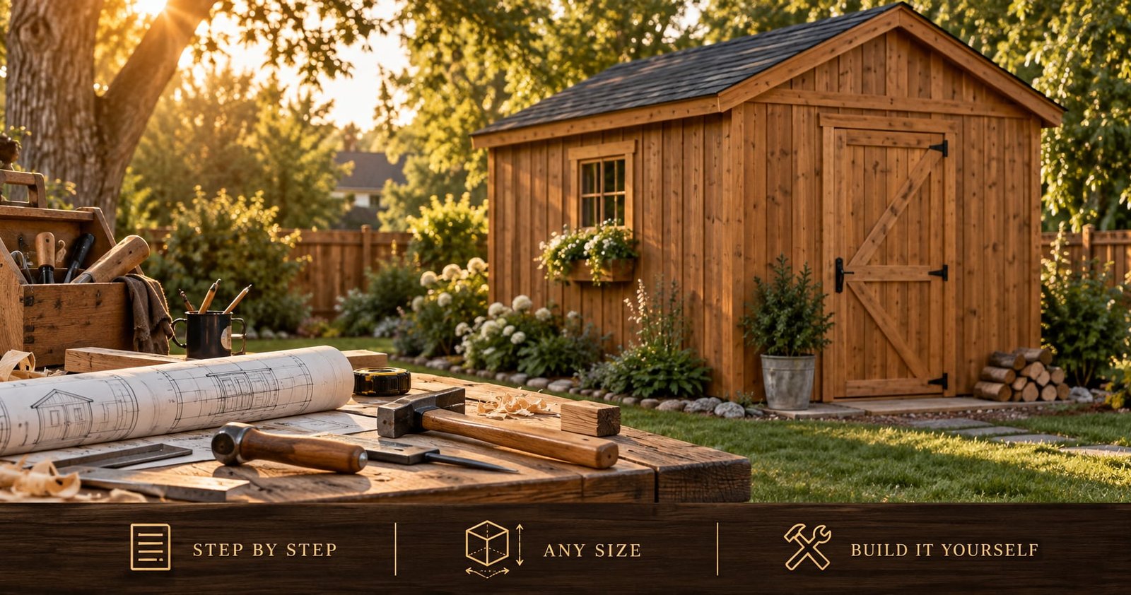 A finished wooden backyard shed with a gable roof, with woodworking tools and plans on a bench in the foreground