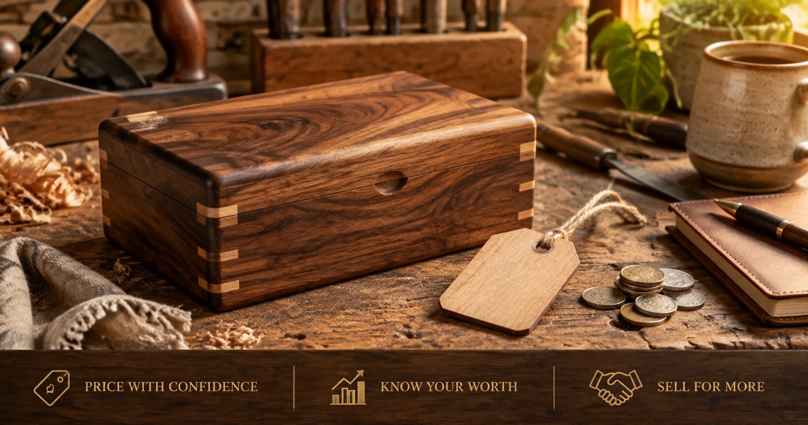 A finished walnut keepsake box on a workbench with a blank price tag and coins, representing pricing woodworking projects for profit