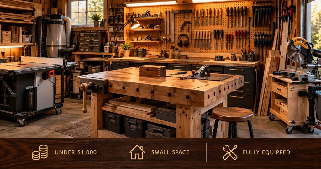 A compact, well-organized small woodworking workshop with a workbench, pegboard of tools and mobile power tools