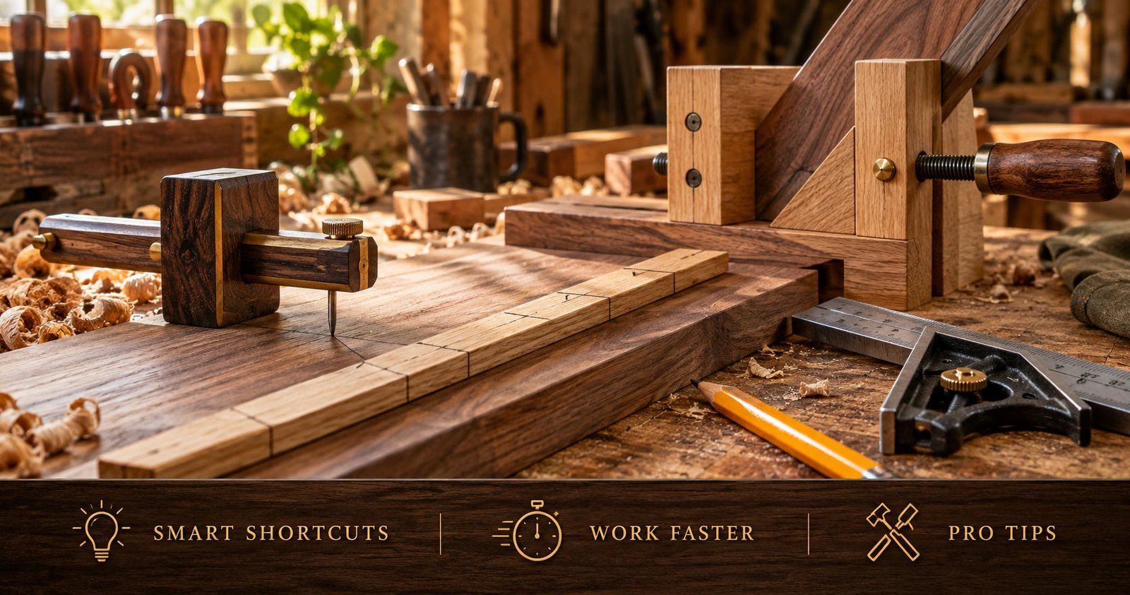 A workbench with a marking gauge, a story stick and a shop-made angle jig showing clever woodworking tips and tricks
